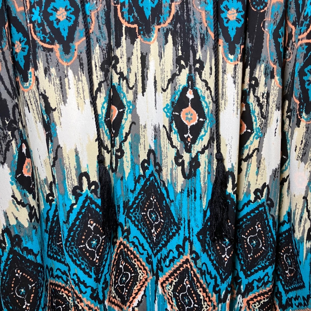 Multiples Peasant Blouse Women 3X Blue Boho Mixed Print Tassel Lace Trim Top - Picture 3 of 12